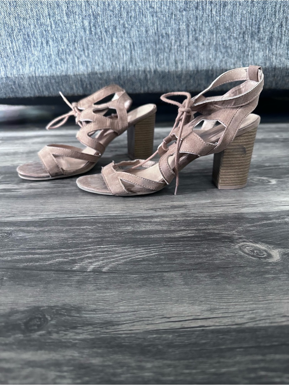 Cupid Suede Lace Up Block Heels Size 8.5 (US) 6.5 (UK) Beige Sandal Shoes